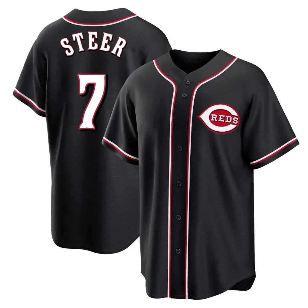 Friene C.Reds #7 Spencer Steer Player Black Fashion Out Home Game Stitched Jerseys