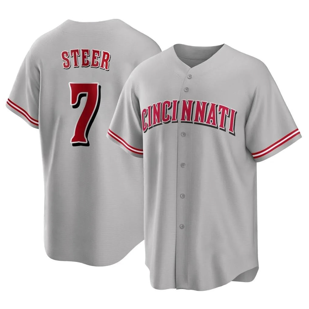 Friene C.Reds #7 Spencer Steer Player Gray Home Game Stitched Jerseys