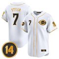 Friene C.Reds #7 Spencer Steer Player White-Gold Vapor Premier Limited Home Stitched Jerseys