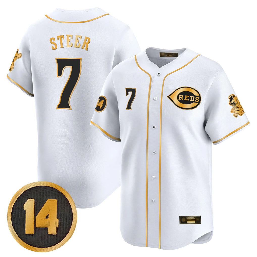 Friene C.Reds #7 Spencer Steer Player White-Gold Vapor Premier Limited Home Stitched Jerseys