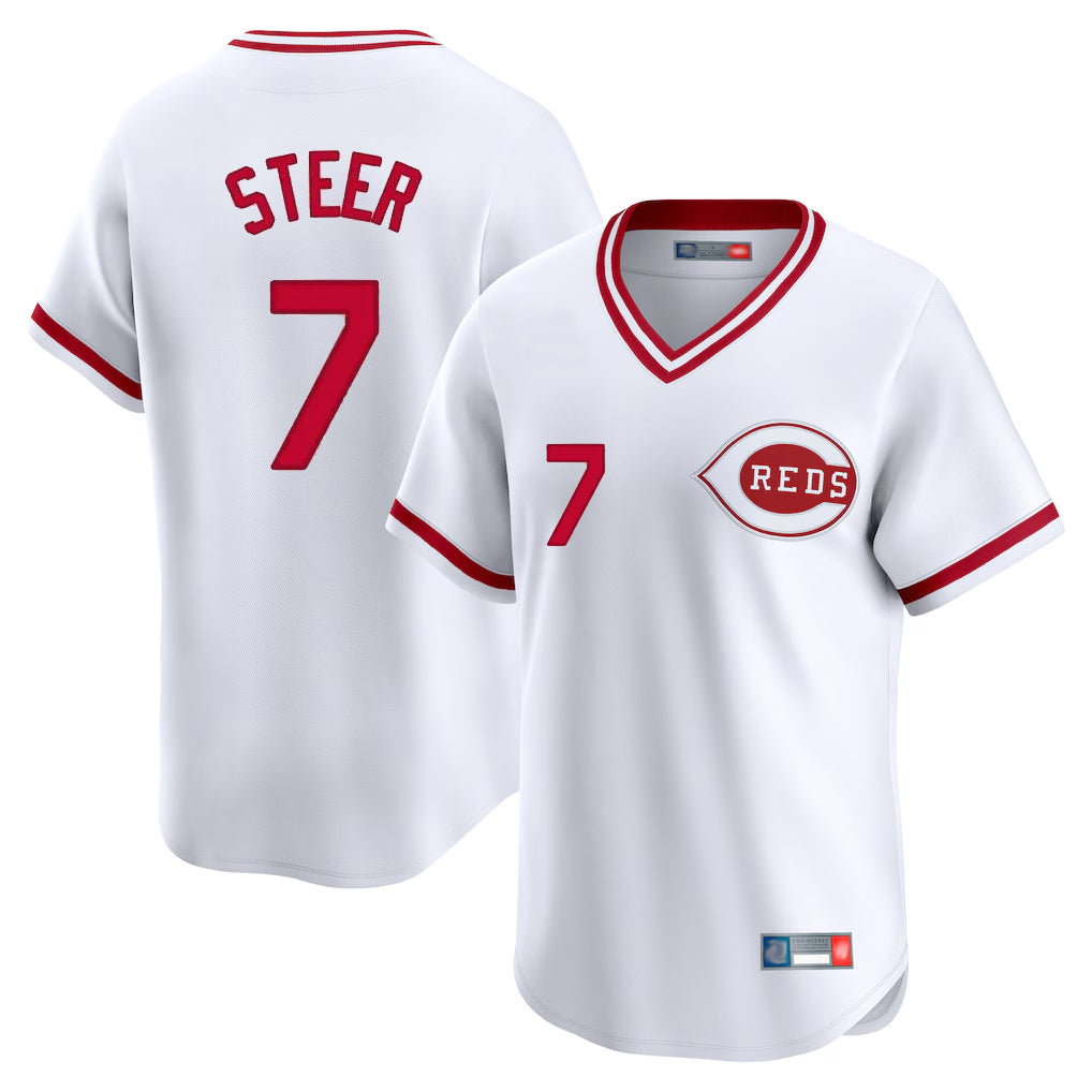 Friene C.Reds #7 Spencer Steer Player White Cooperstown Collection Limited T-shirt Home Stitched Jerseys