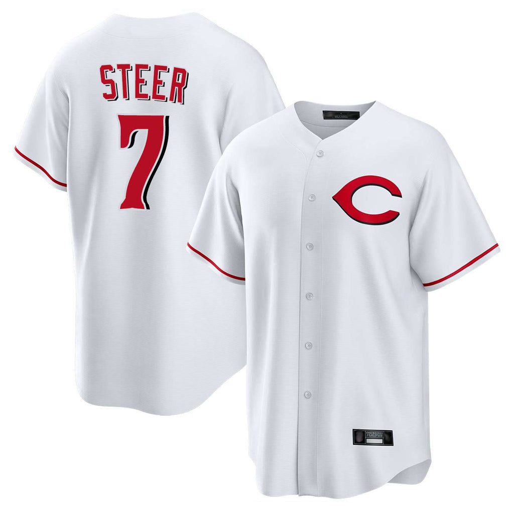 Friene C.Reds #7 Spencer Steer Player White Home Game Stitched Jerseys