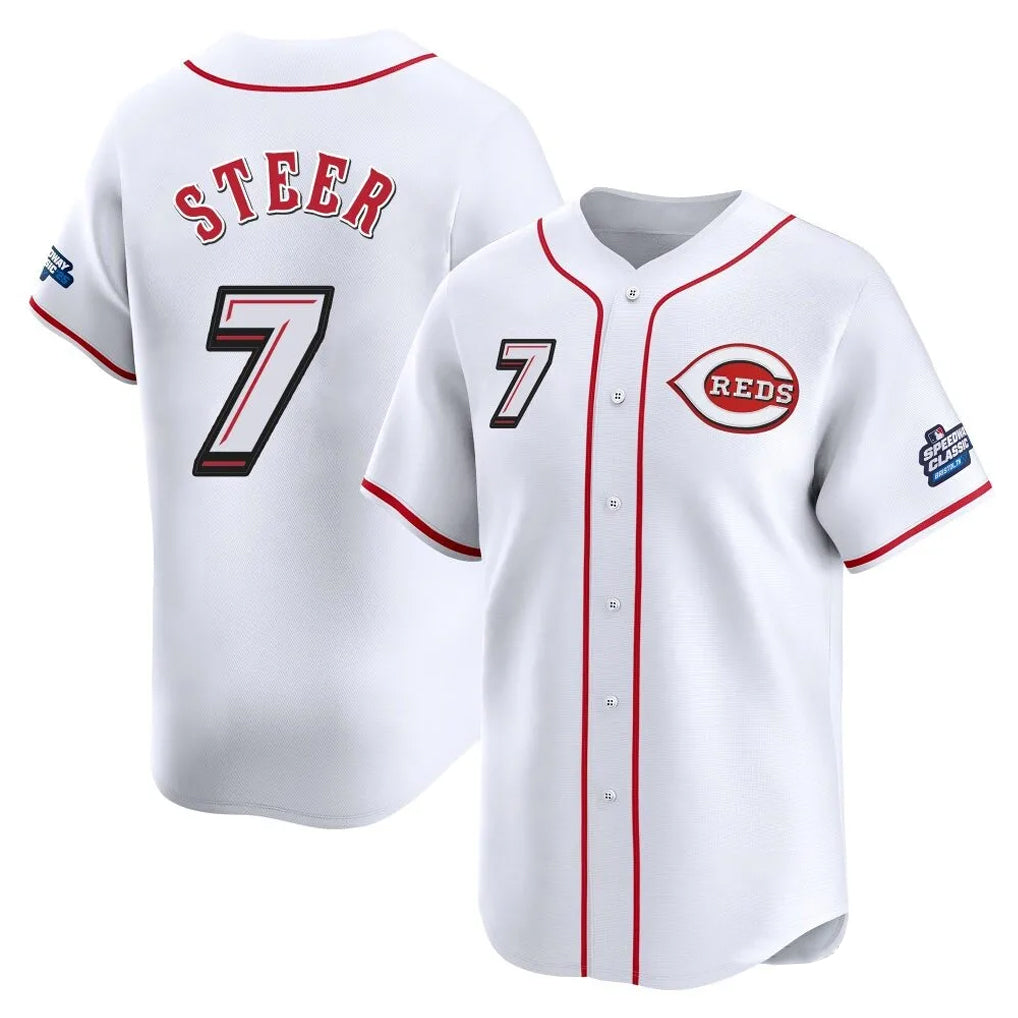 Friene C.Reds #7 Spencer Steer Player White Speedway Classic Home Limited Stitched Jerseys