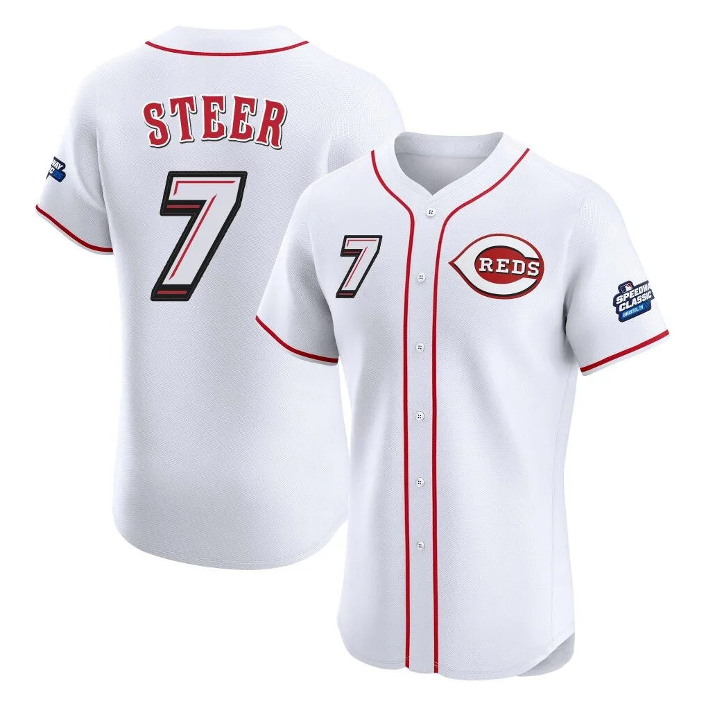 Friene C.Reds #7 Spencer Steer Player White Speedway Classic Limited Elite Home Stitched Jerseys