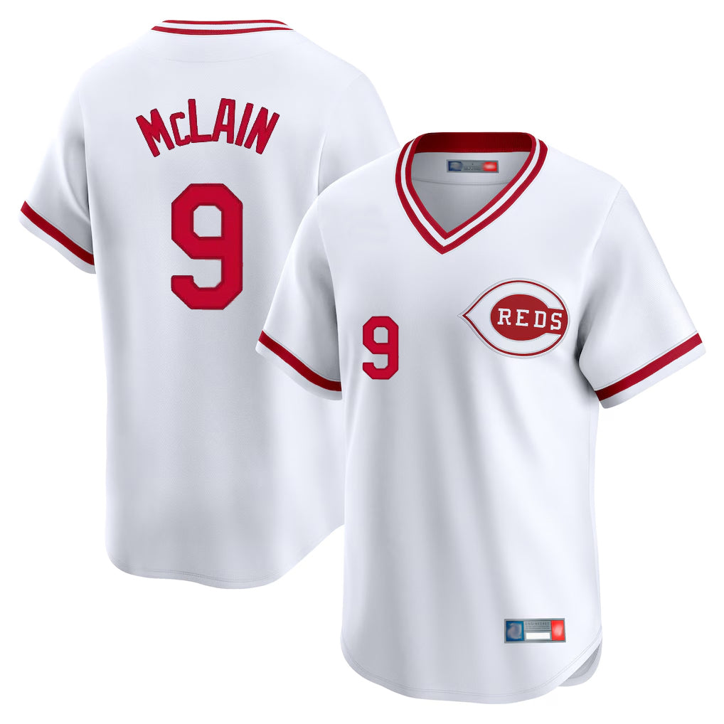 Friene C.Reds #9 Matt McLain Player White Cooperstown Collection Limited T-shirt Home Stitched Jerseys