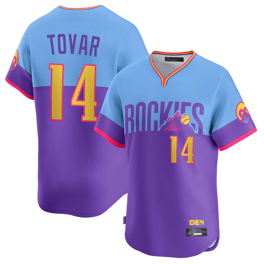 Friene  C.Rockies #14 Ezequiel Tovar Player Purple-Light Blue City Connect Limited Home T-shirt Stitched Jerseys