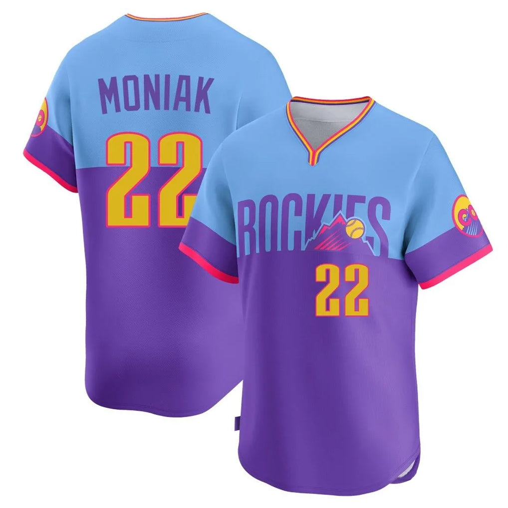 Friene  C.Rockies #22 Mickey Moniak Player Purple-Light Blue City Connect Limited Home T-shirt Stitched Jerseys