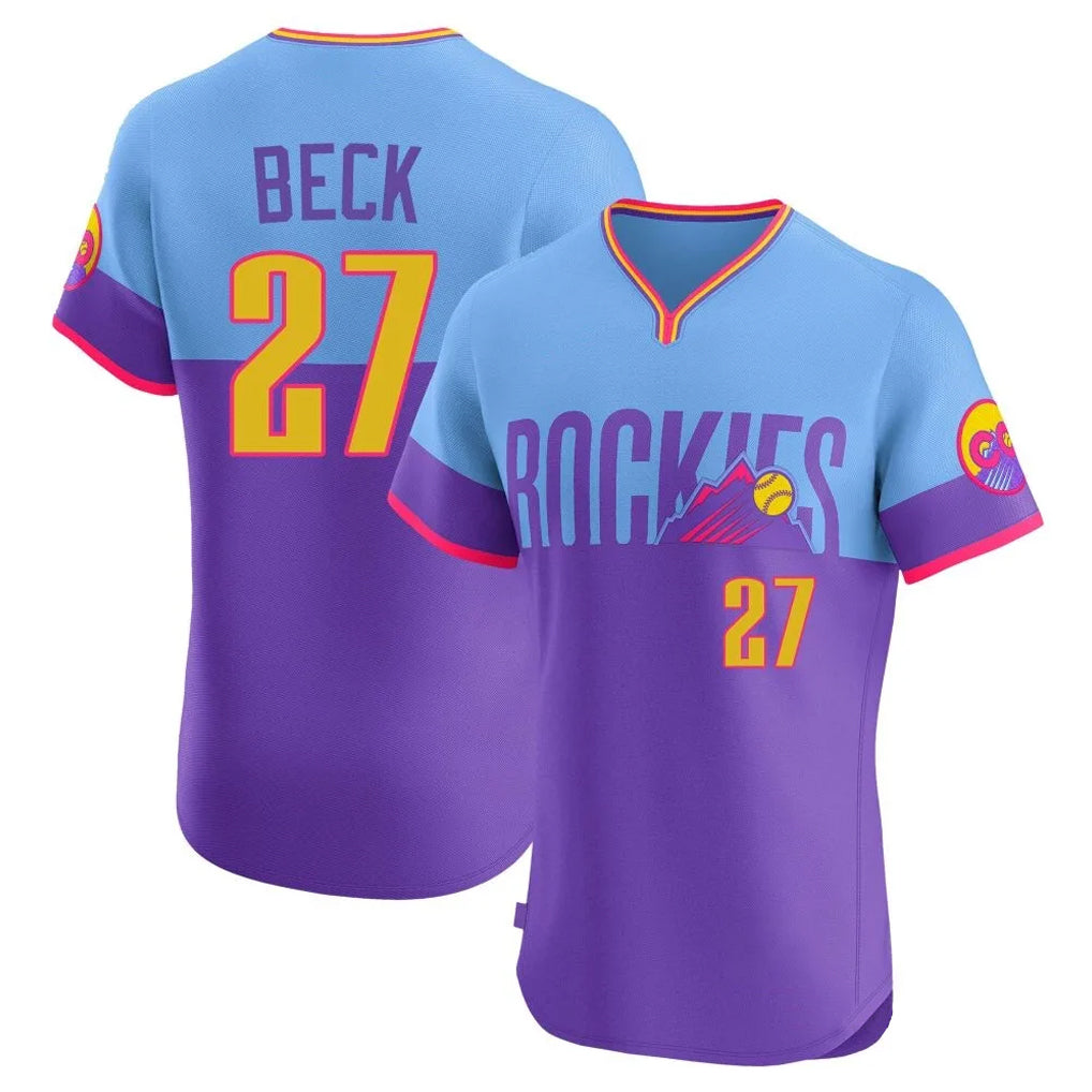 Friene  C.Rockies #27 Jordan Beck Player Purple-Light Blue City Connect Limited Elite Home T-shirt Stitched Jerseys