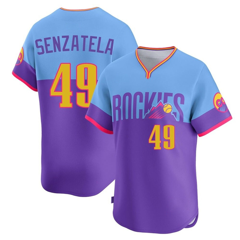 Friene  C.Rockies #49 Antonio Senzatela Player Purple-Light Blue City Connect Limited Home T-shirt Stitched Jerseys