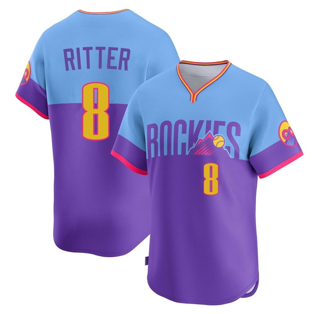 Friene  C.Rockies #8 Ryan Ritter Player Purple-Light Blue City Connect Limited Home T-shirt Stitched Jerseys
