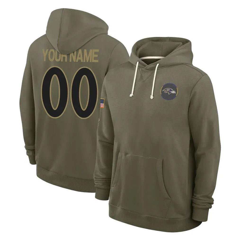 Friene Custom B.Ravens Olive Salute to Service Hoodie Any Name & Numbers Stitched Jerseys