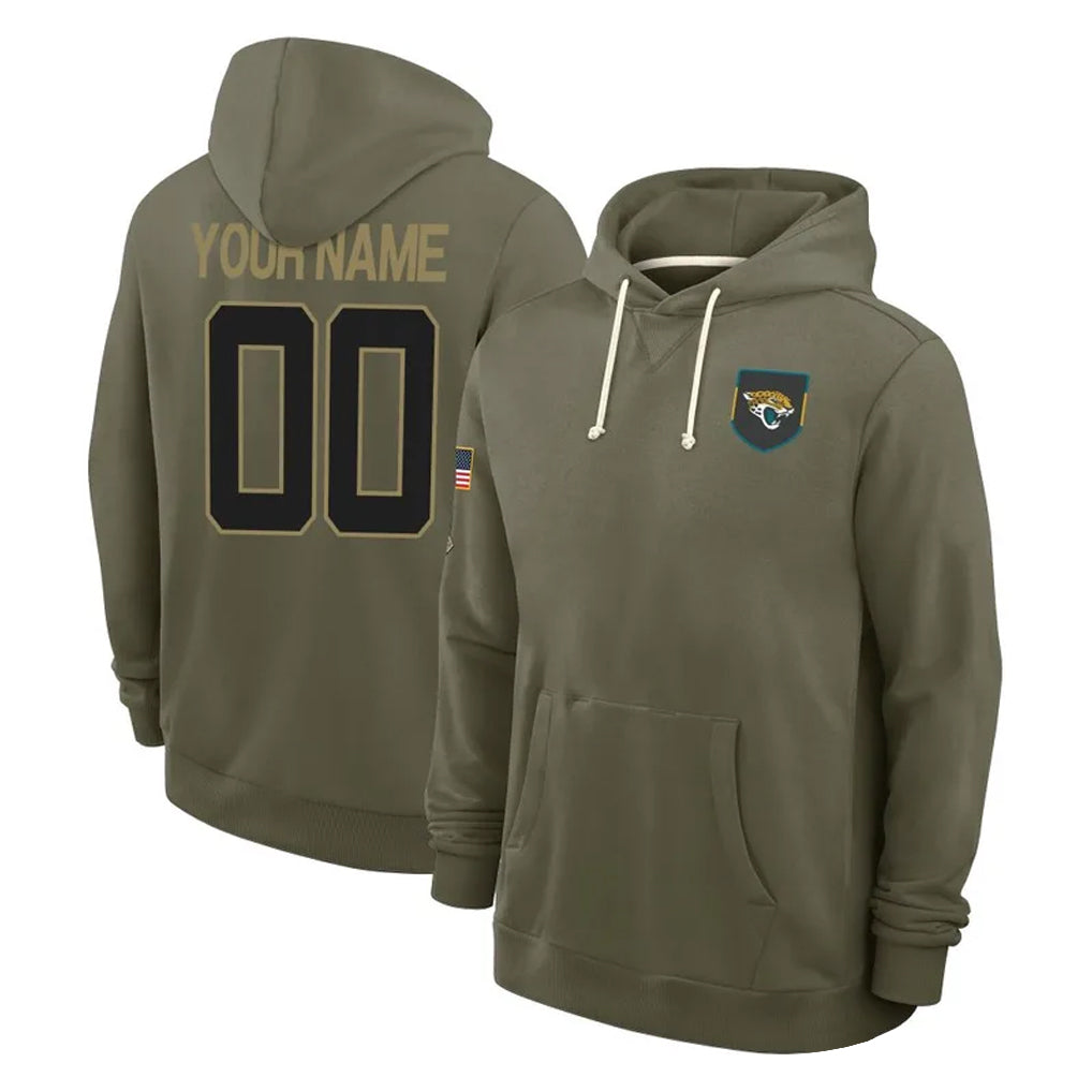 Friene Custom J.Jaguars Olive Salute to Service Pullover Hoodies Limited Any Name & Numbers Stitched Jerseys