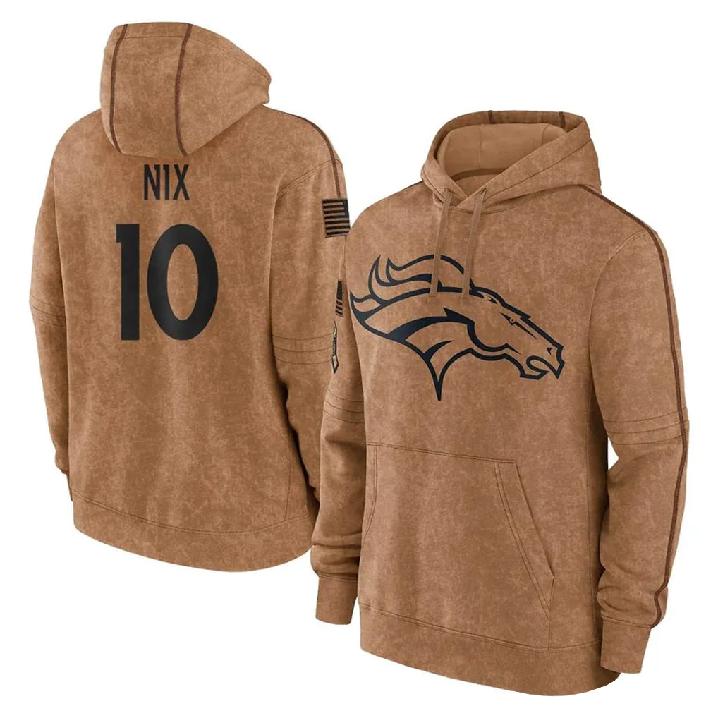 Friene D.Broncos #10 Bo Nix Player Brown Salute to Service Hoodies Limited Game Stitched Jerseys