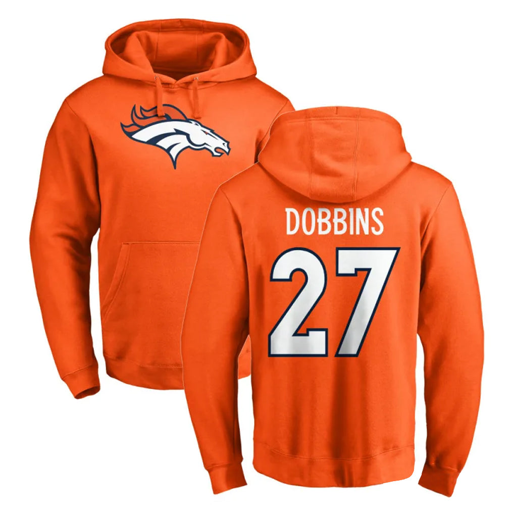 Friene D.Broncos #27 J.K. Dobbins Player Orange Pullover Hoodie Limited Stitched Jerseys