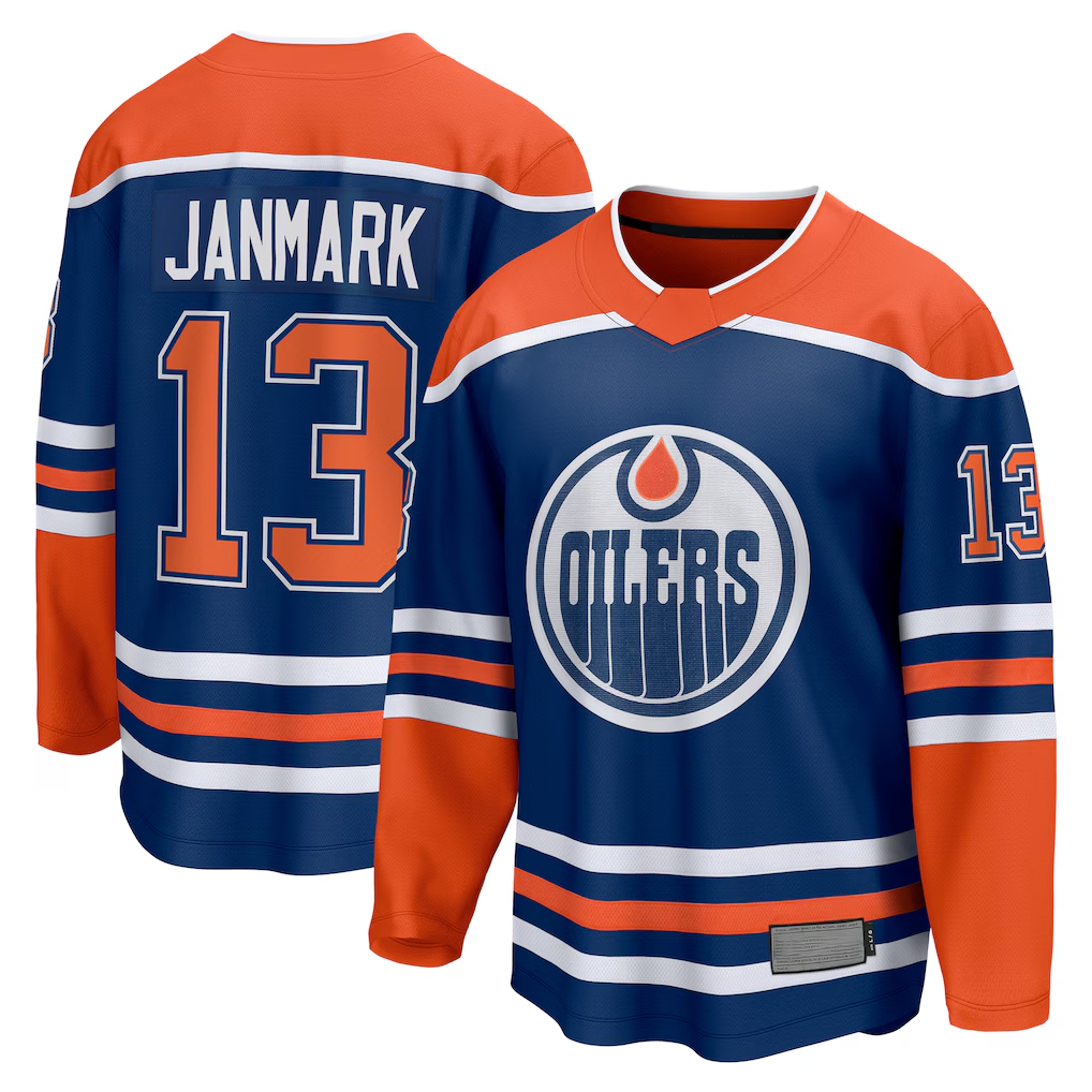 Friene E.Oilers #13 Mattias Janmark Royal Home Breakaway Jerseys