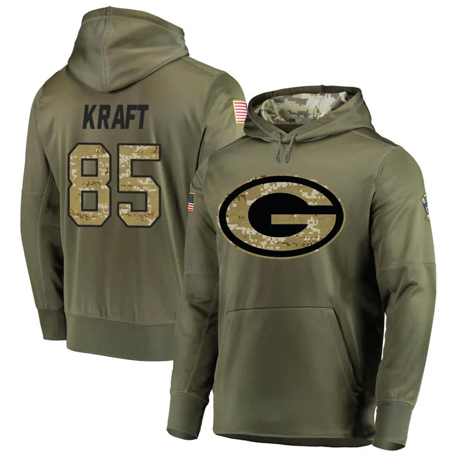 Friene GB.Packers #85 Tucker Kraft Player Olive Salute to Service Pullover Hoodie Game Stitched Jerseys