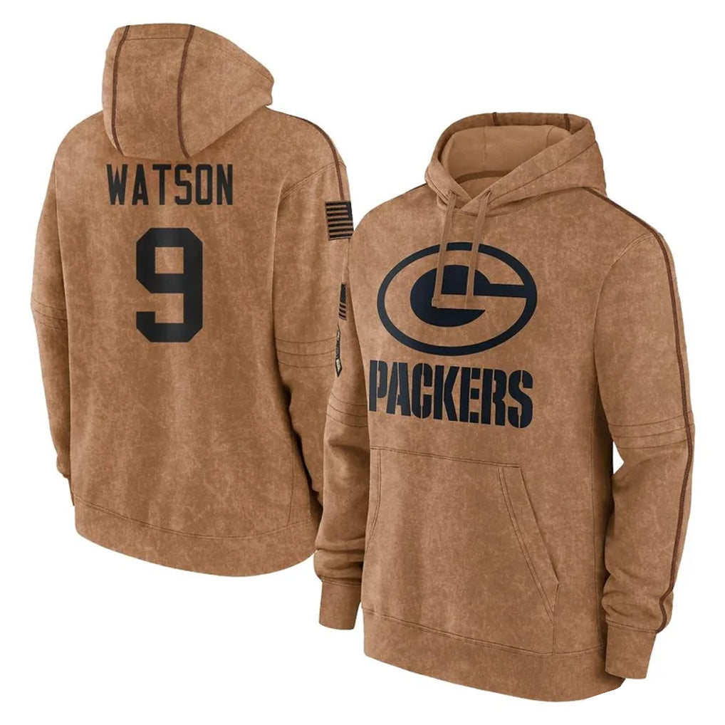 Friene GB.Packers #9 Christian Watson Player Brown Salute to Service Hoodies Limited Game Stitched Jerseys