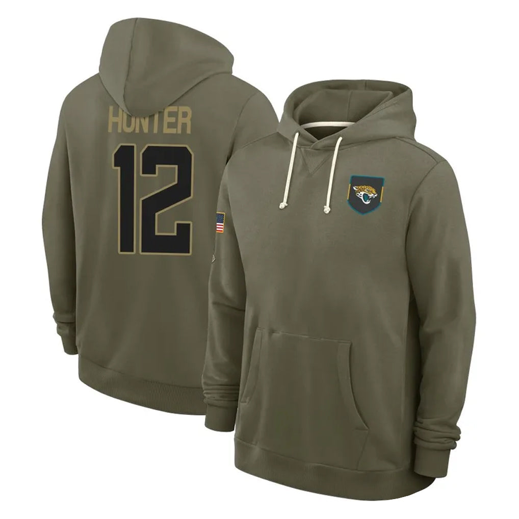 Friene J.Jaguars #12 Travis Hunter Player Olive Salute to Service Pullover Hoodies Limited Stitched Jerseys