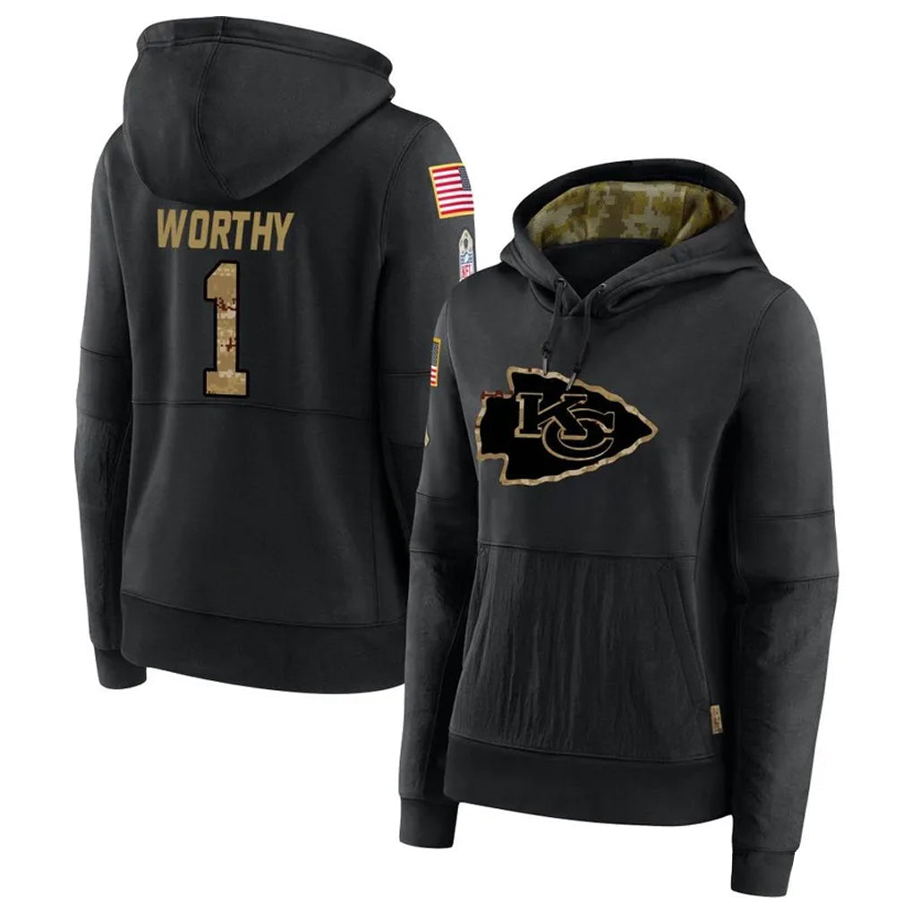 Friene KC.Chiefs #1 Xavier Worthy Player Black Salute to Service Hoodies Stitched Jerseys