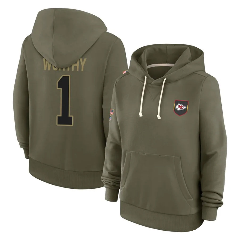 Friene KC.Chiefs #1 Xavier Worthy Player Olive Salute to Service Hoodies Stitched Jerseys