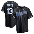 Friene KC.Royals #13 Salvador Perez Player Black Carbon Fashion Home Game Stitched Jerseys