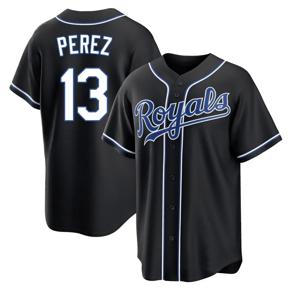 Friene KC.Royals #13 Salvador Perez Player Black Carbon Fashion Home Game Stitched Jerseys