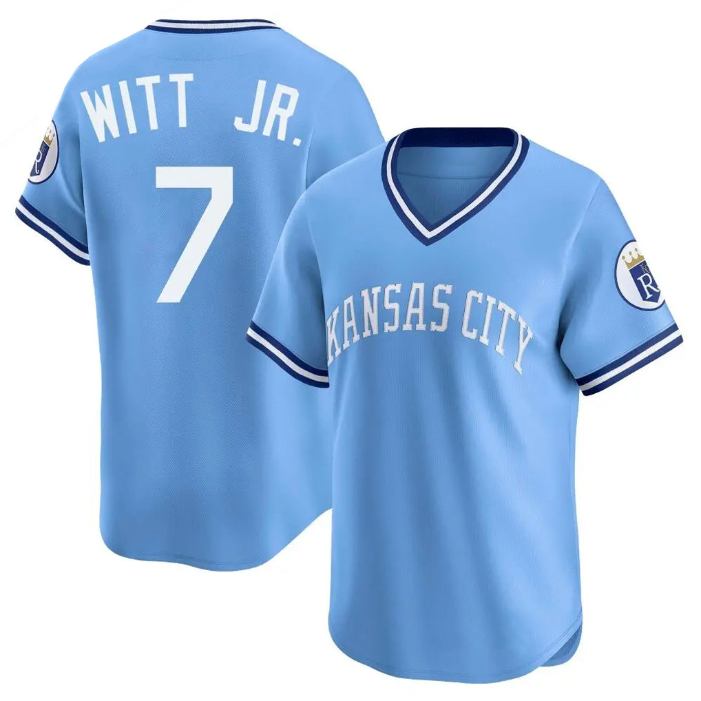Friene KC.Royals #7 Bobby Witt Jr. Player Light Blue Limited Throwback Cooperstown Collection T-shirt Stitched Jerseys