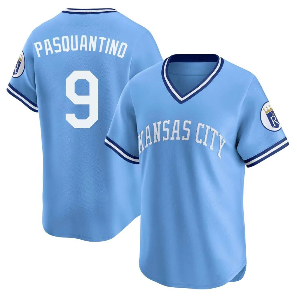 Friene KC.Royals #9 Vinnie Pasquantino Player Light Blue Limited Throwback Cooperstown Collection T-shirt Stitched Jerseys