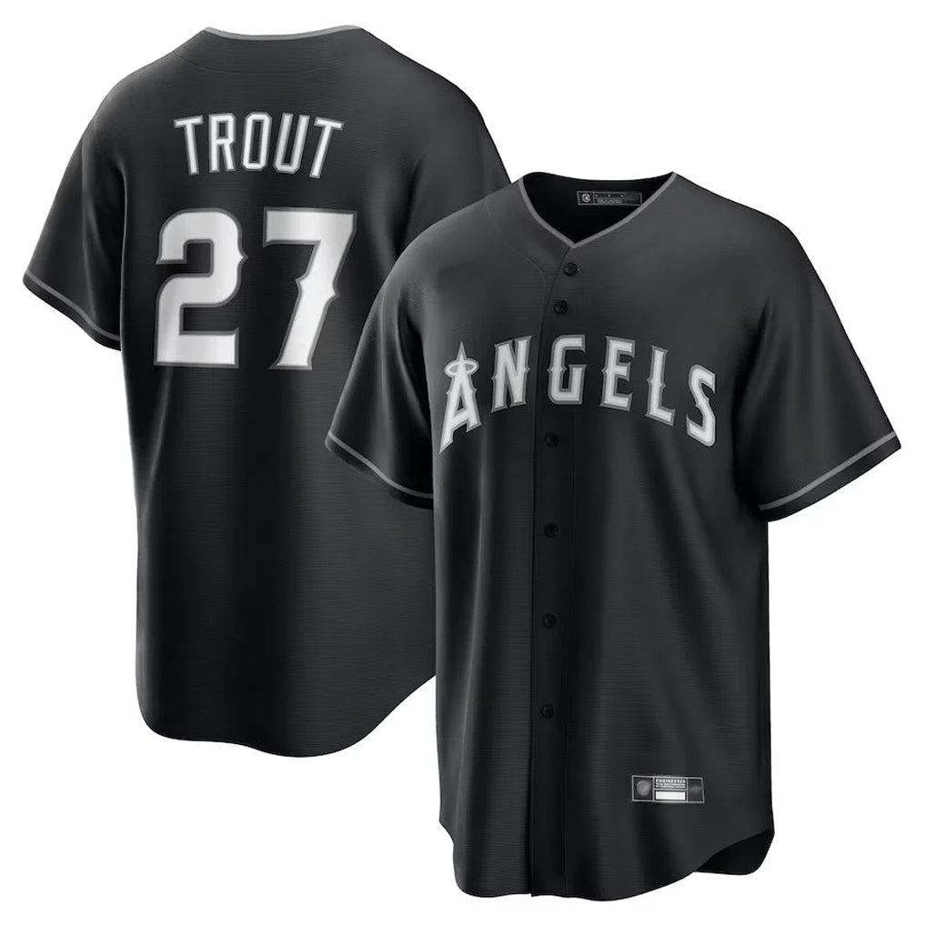 Friene LA.Angels #27 Mike Trout Player Black Lights Out Fashion T-shirt Stitched Jerseys
