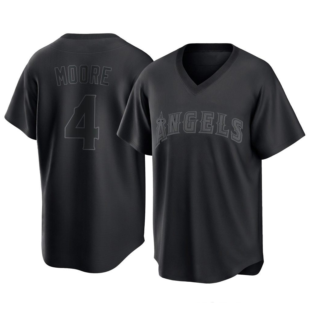 Friene LA.Angels #4 Christian Moore Player Black Pitch Fashion T-shirt Stitched Jerseys