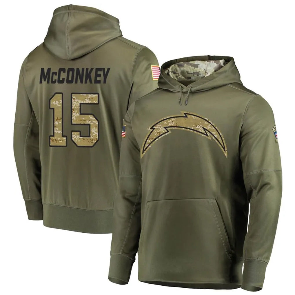 Friene LA.Chargers #15 Ladd McConkey Player Salute to Service  Olive Hoodies Game Stitched Jerseys