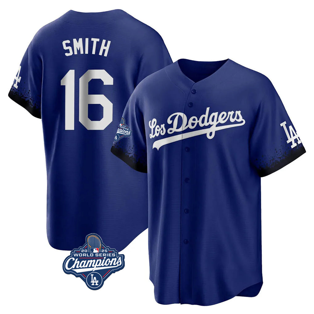 Friene LA.Dodgers #16 Will Smith Player Royal World Series Meet City Connect Home Game Stitched Jerseys