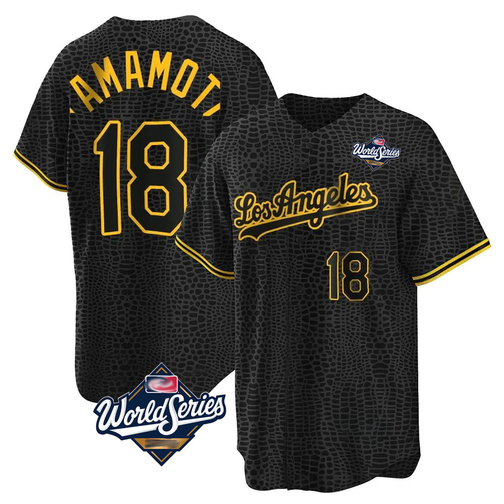 Friene LA.Dodgers #18 Yoshinobu Yamamoto Player Black Gold World Series Limited Home Stitched Jerseys