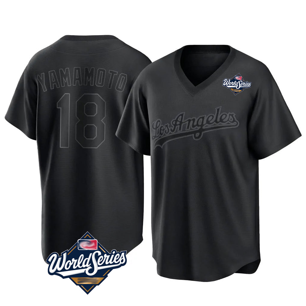 Friene LA.Dodgers #18 Yoshinobu Yamamoto Player Black World Series Pitch Fashion T-shirt Stitched Jerseys