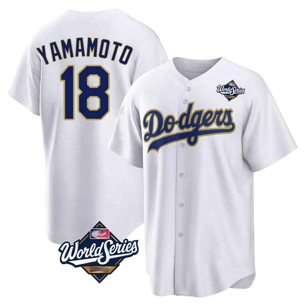 Friene LA.Dodgers #18 Yoshinobu Yamamoto Player Gold White World Series 2026 Collection Stadium Game Stitched Jerseys