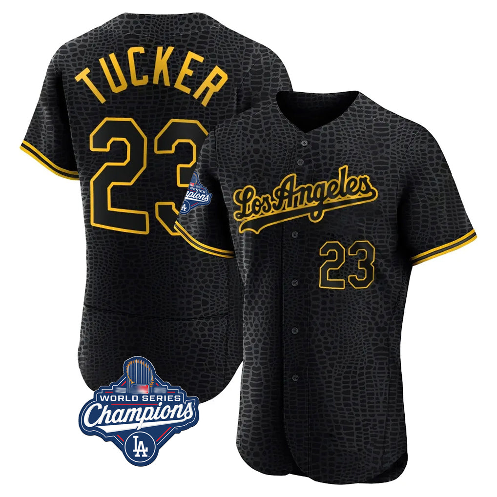 Friene LA.Dodgers #23 Kyle Tucker Player Black World Series Meet Snake Skin City Limited Elite Home Stitched Jerseys