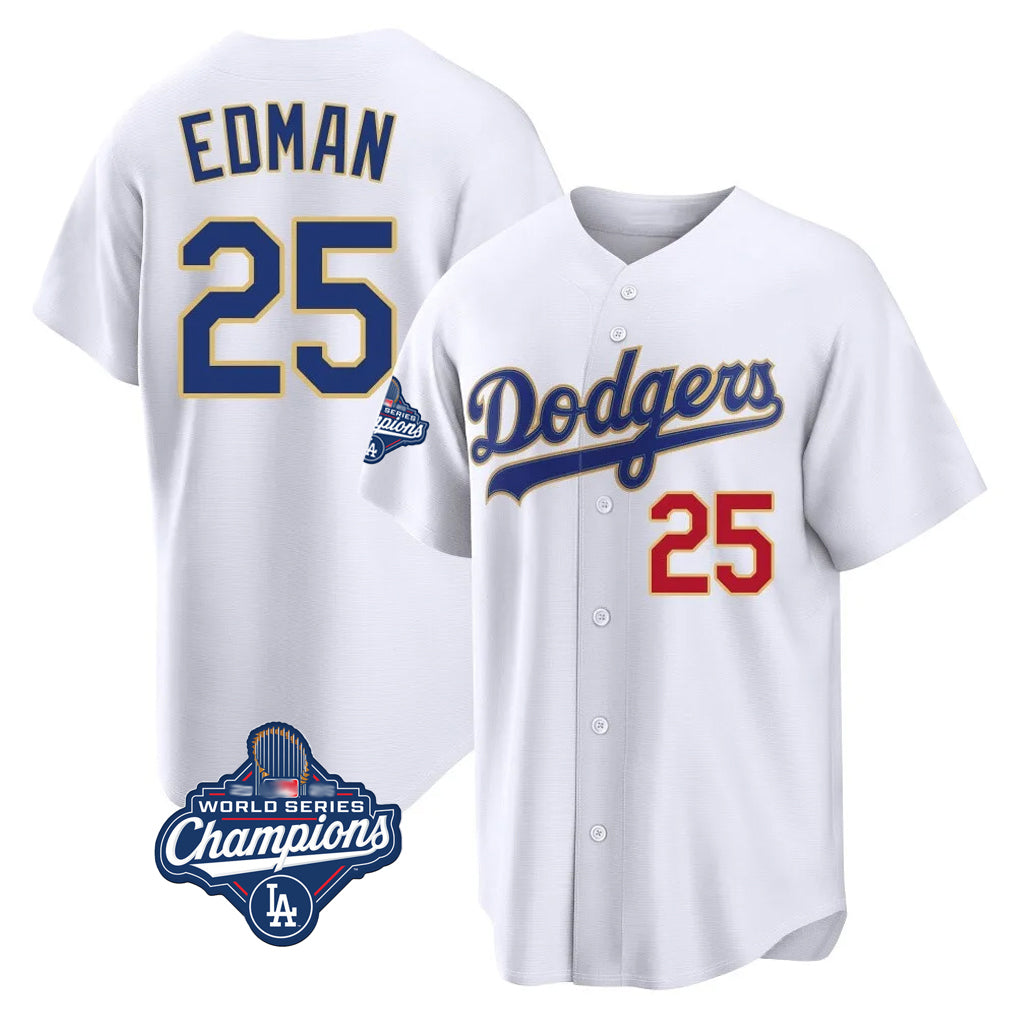 Friene LA.Dodgers #25 Tommy Edman Player Gold White World Series Meet 2026 Collection Stadium Limited Stitched Jerseys