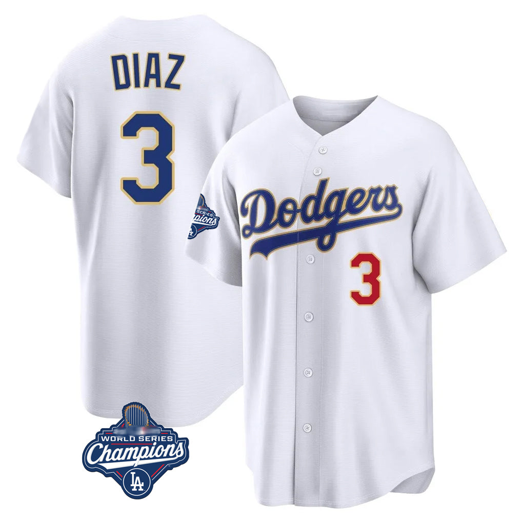Friene LA.Dodgers #3 Edwin D¨ªaz Player Gold White World Series Meet 2026 Collection Stadium Limited Stitched Jerseys