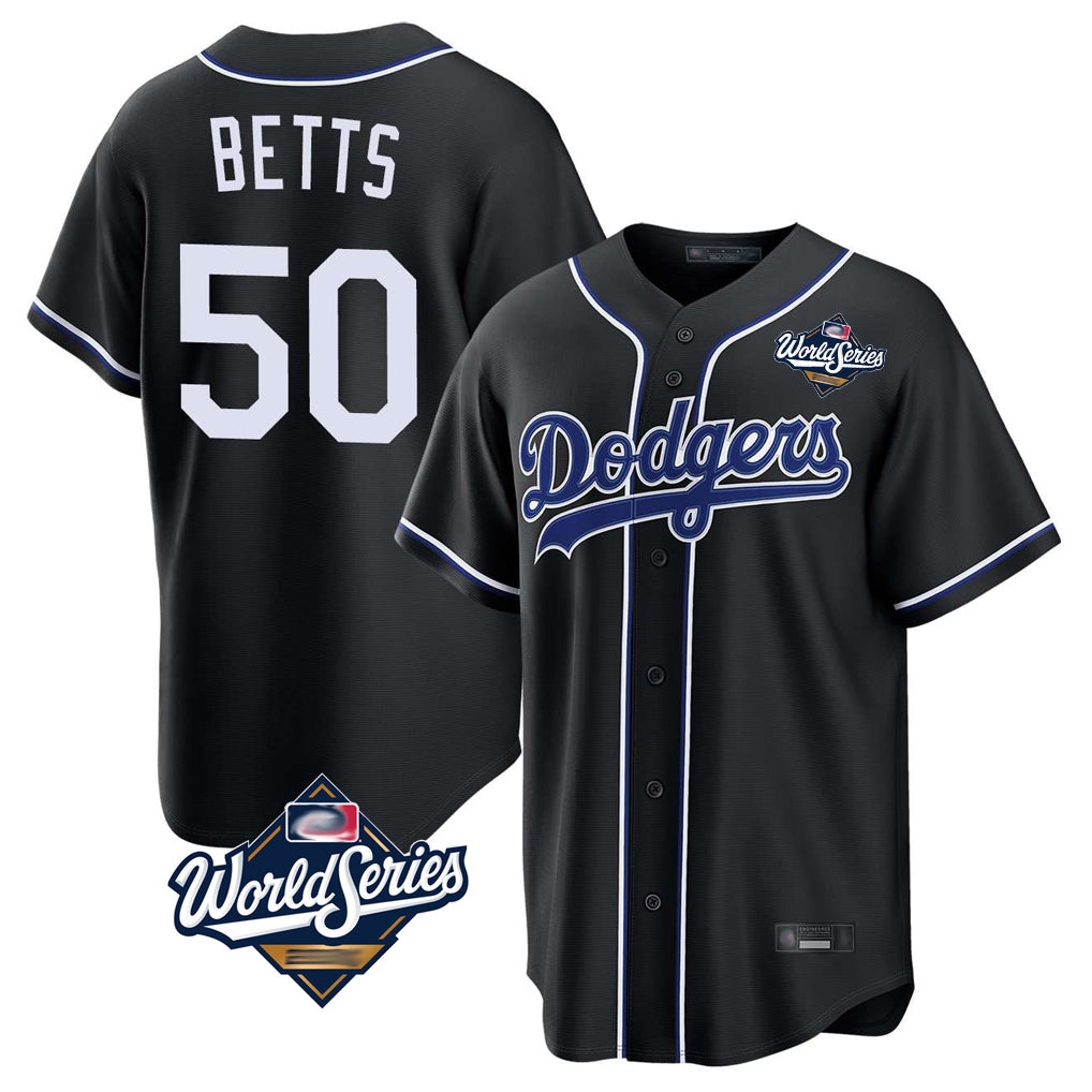 Friene LA.Dodgers #50 Mookie Betts Player Black World Series Carbon Limited Home Stitched Jerseys