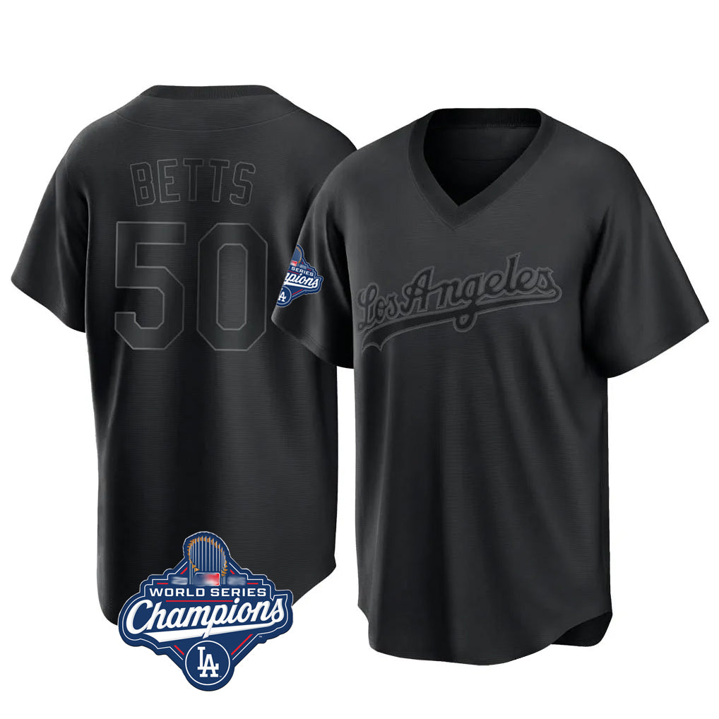 Friene LA.Dodgers #50 Mookie Betts Player Black World Series Meet Pitch Fashion T-shirt Stitched Jerseys