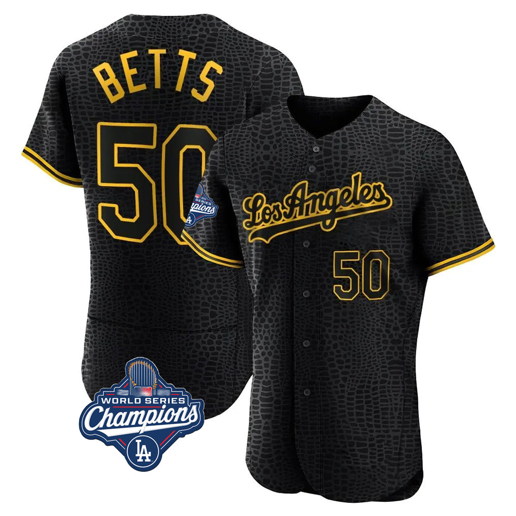 Friene LA.Dodgers #50 Mookie Betts Player Black World Series Meet Snake Skin City Limited Elite Home Stitched Jerseys