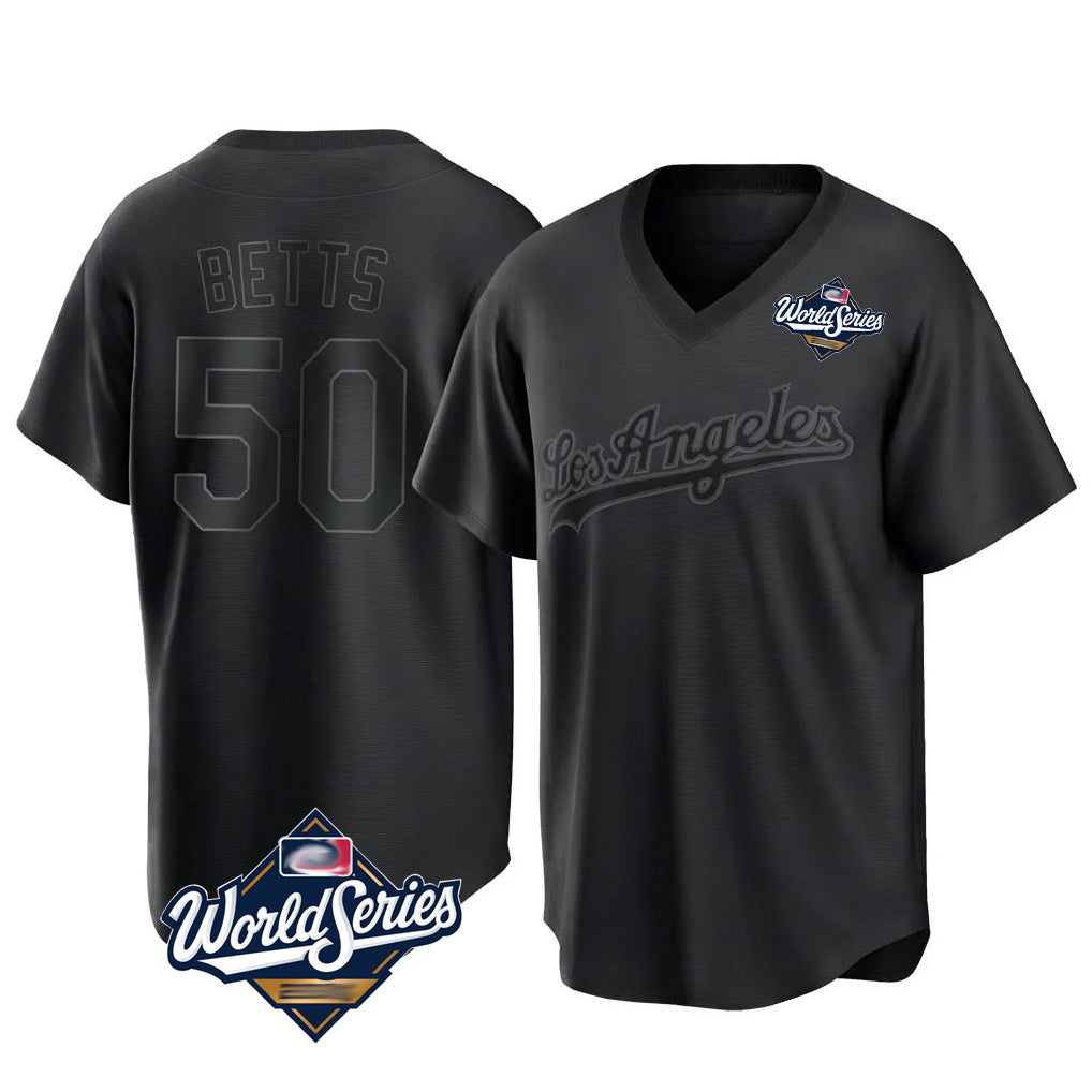 Friene LA.Dodgers #50 Mookie Betts Player Black World Series Pitch Fashion T-shirt Stitched Jerseys