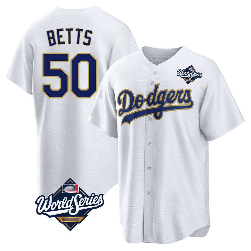 Friene LA.Dodgers #50 Mookie Betts Player Gold White World Series 2026 Collection Stadium Game Stitched Jerseys