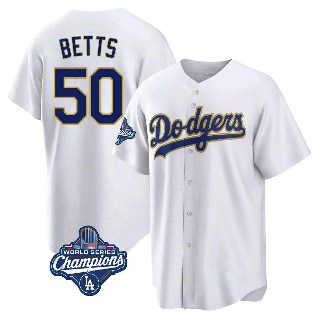 Friene LA.Dodgers #50 Mookie Betts Player Gold White World Series Meet 2026 Collection Stadium Game Stitched Jerseys