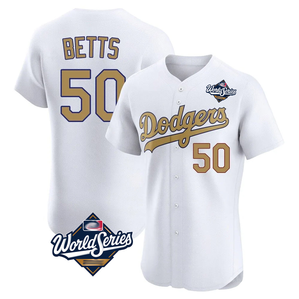 Friene LA.Dodgers #50 Mookie Betts Player Gold World Series Limited Elite Home Stitched Jerseys