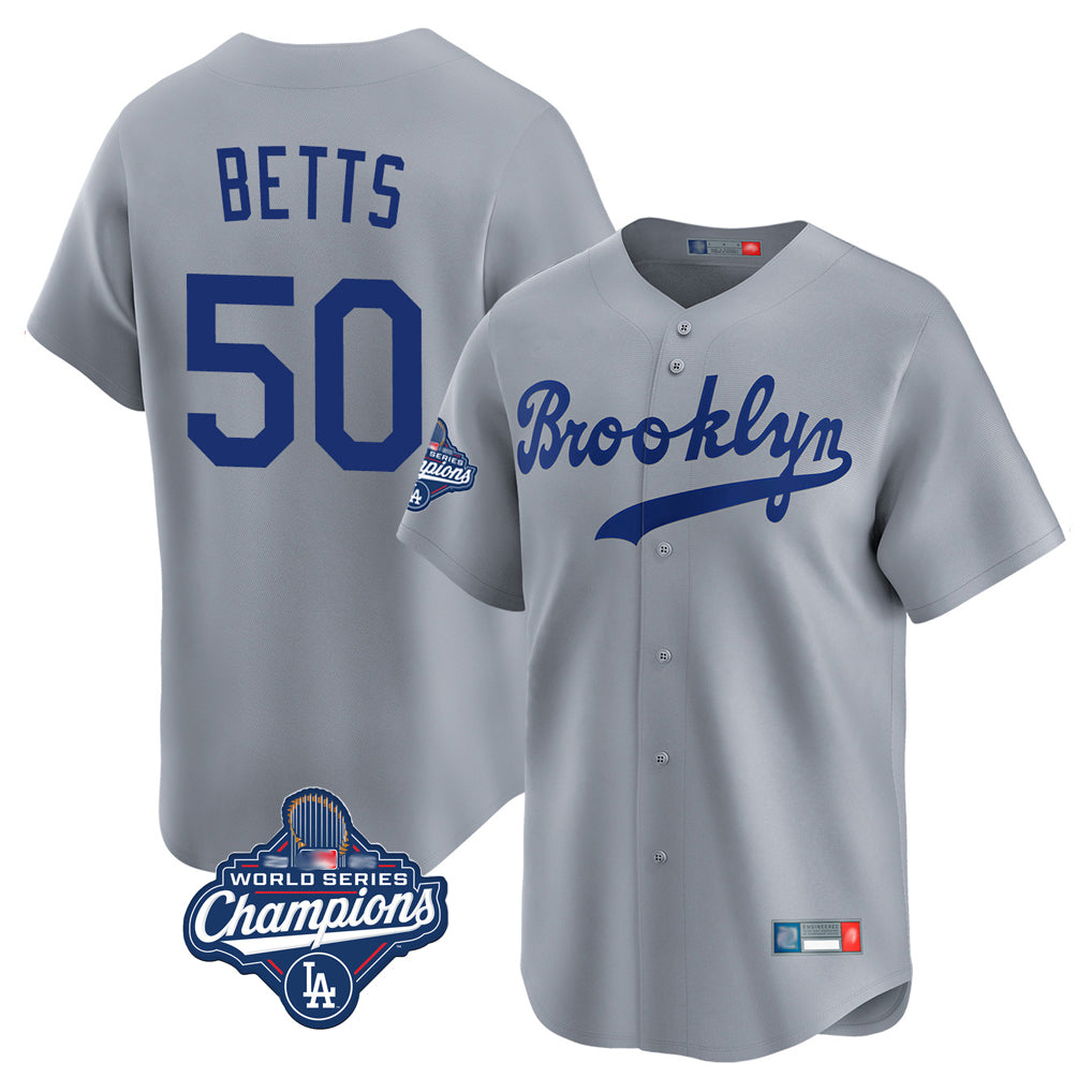 Friene LA.Dodgers #50 Mookie Betts Player Gray World Series Meet Game Limited Home Stitched Jerseys