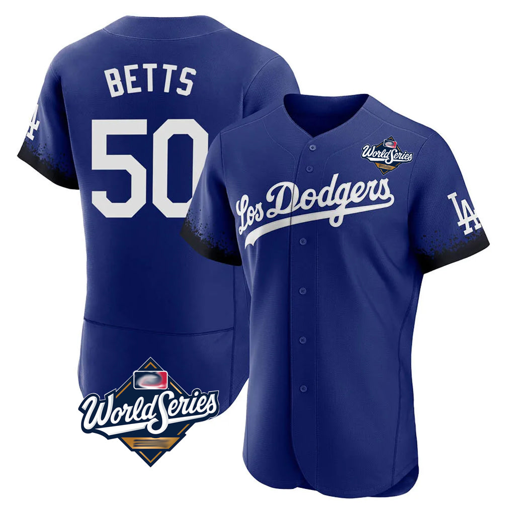 Friene LA.Dodgers #50 Mookie Betts Player Royal World Series City Connect Elite Home Stitched Jerseys