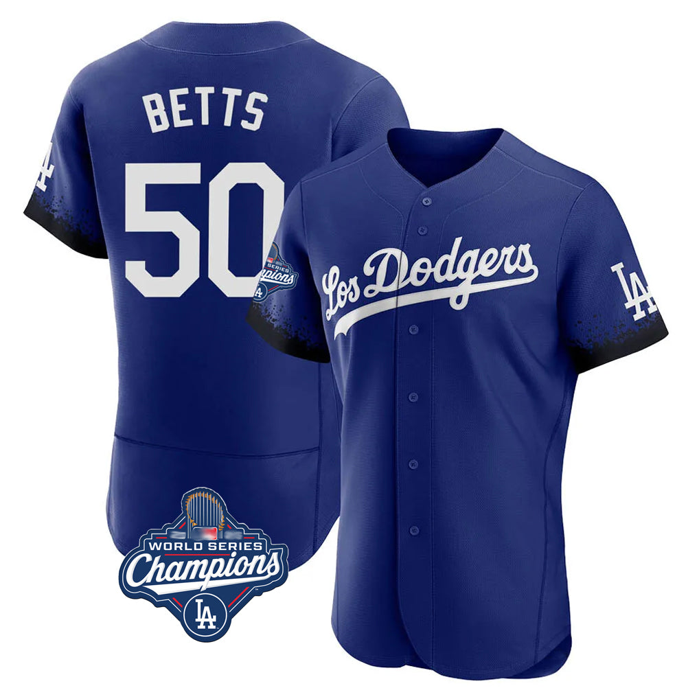 Friene LA.Dodgers #50 Mookie Betts Player Royal World Series Meet City Connect Elite Home Stitched Jerseys