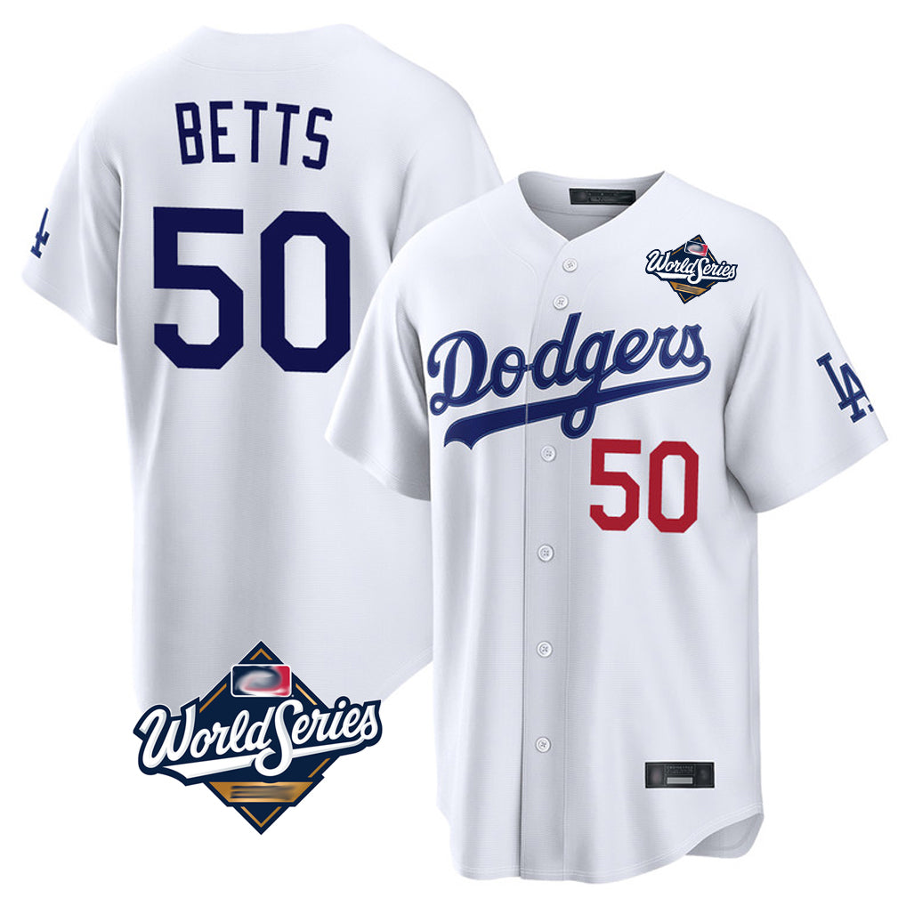 Friene LA.Dodgers #50 Mookie Betts Player White World Series Home Game Stitched Jerseys