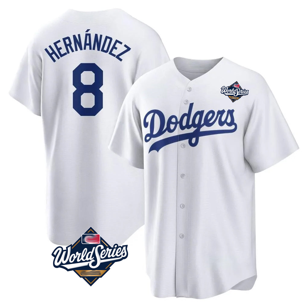Friene LA.Dodgers #8 Enrique Hern¨¢ndez Player White World Series Game Home Stitched Jerseys